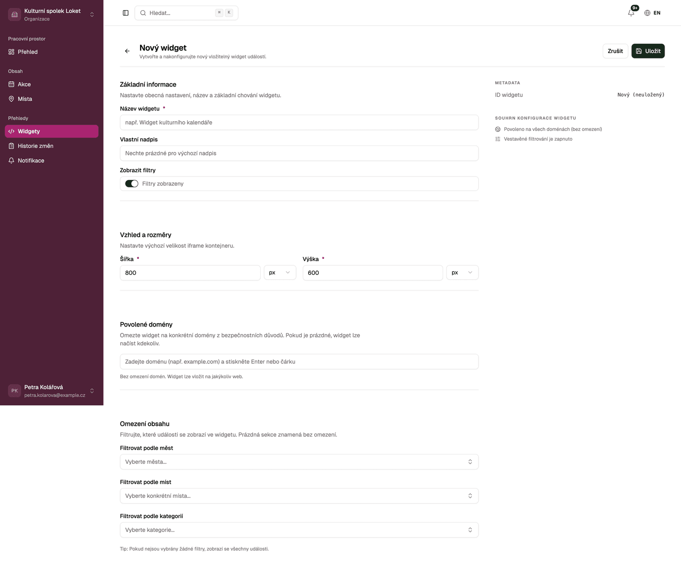 Snímek obrazovky: stu 29 widget editor